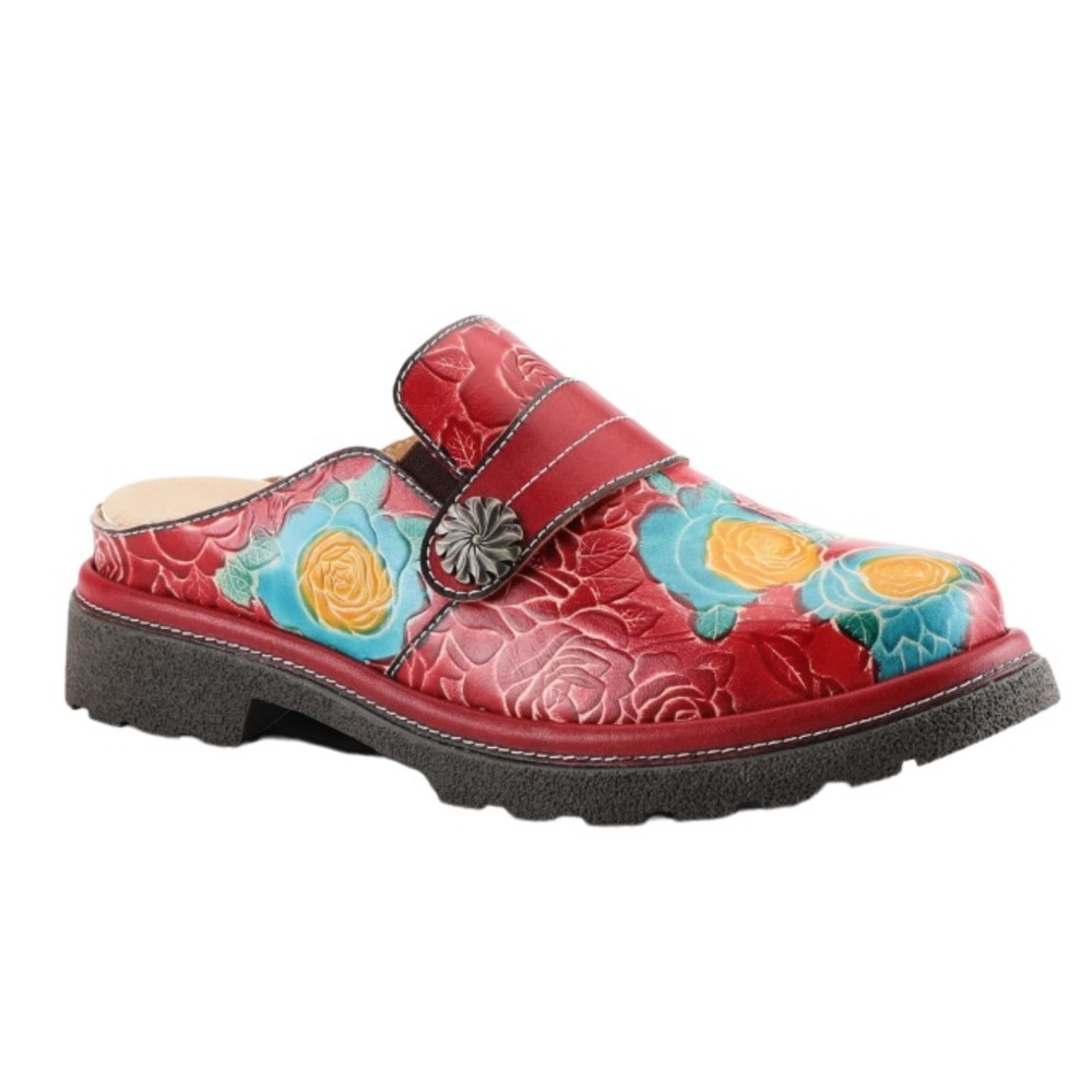 Red Floral Leather Boho Mules Clogs Size 6.5/7